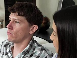 Wow, the stepbrother just pulled out his big cock for his stepsister to suck on the sofa.