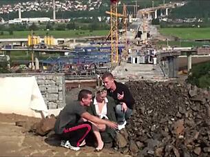 A young blonde cutie gets fucked hard in public by two guys