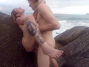 Skinny Teen Begs For Cum From Muscular Man On Beach