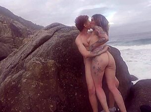 Skinny Teen Begs For Cum From Muscular Man On Beach