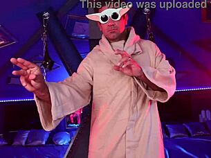 Blonde in cosplay skirt gets deepthroat action.