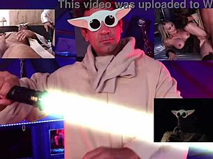 Blonde in cosplay skirt gets deepthroat action.