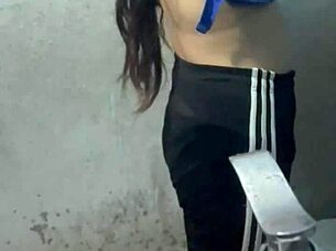 Curvy ebony student hangs out in the hotel bathroom