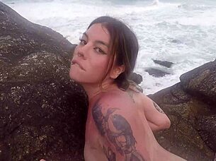 Skinny Teen Begs For Cum From Muscular Man On Beach