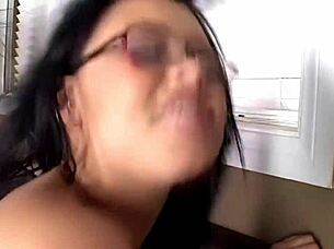 Eva Angelina keeps her glasses on during this hard driving one on one scene