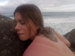 Skinny Teen Begs For Cum From Muscular Man On Beach