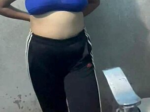 Curvy ebony student hangs out in the hotel bathroom