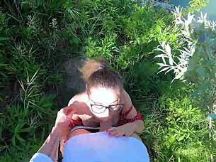 Petite girl lost in nature sucks cock well