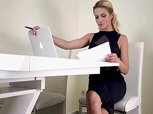 Tired hot secretary finds relief fingering her tight pussy with black vibrator.