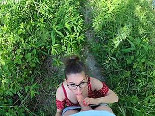 Petite girl lost in nature sucks cock well
