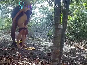 Wife gets naughty in the woods with BBC while husband watches