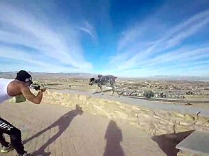 in a cave, she performs outdoor blowjob on monster cock, risking public exposure