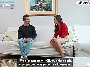 Milf helps her stepson with some personal matters.