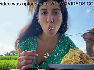 She Eats Pasta Carbonara Covered in Sperm in a Public Cafe