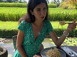 She Eats Pasta Carbonara Covered in Sperm in a Public Cafe