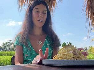 She Eats Pasta Carbonara Covered in Sperm in a Public Cafe