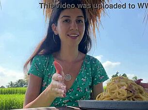 She Eats Pasta Carbonara Covered in Sperm in a Public Cafe