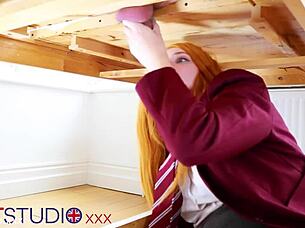 Victoria Greene sucking cock and getting her uniform drenched in cum at the milking table