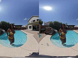ebony teen gets wet in pool?