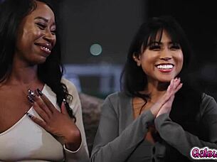 Mocha menage heart to heart with Bella Rolland and Ember Snow leads to threesome fuck sesh.