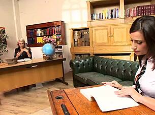 sensual jane uses strapon to fuck teacher natasha marley in stockings