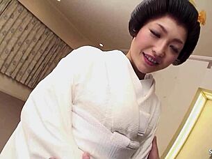 Traditional Japanese Mature Woman Sucks Client's Small Cock and Swallows