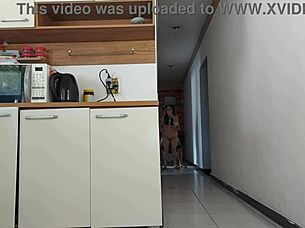 risky fuck with husband's friend while he showers, almost caught