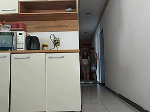 risky fuck with husband's friend while he showers, almost caught