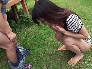 Asian Chick Blows Outdoors Before Indoors Fuck