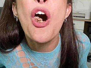 Eating junk food then spitting it all out in a solo session with pigtails brunette.