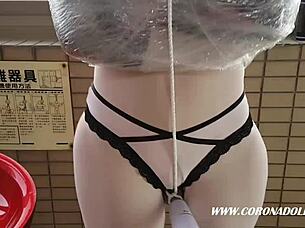 Thin rubber mask bondage play outdoors