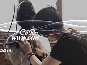 Thin rubber mask bondage play outdoors