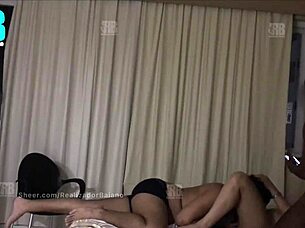 Hotwife makes cuckold suck while she takes black lover's big cock in menage!