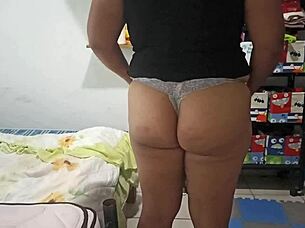 sexy stepmom cleaning bedroom in thong