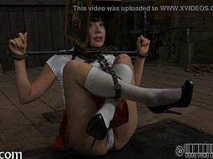 In this free bondage porn scene, the woman is tightly bound. She struggles against the restraints in an intense erotic display