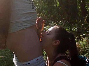 hey, that horny booty teen gets a quick forest blowjob and doggy cum on ass