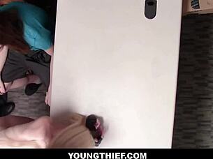 skinny teen shoplifter emma starletto gets fucked by guard while boyfriend watches, blowjob and all