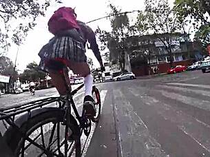 Ladyboy exposes in miniskirt upskirt.