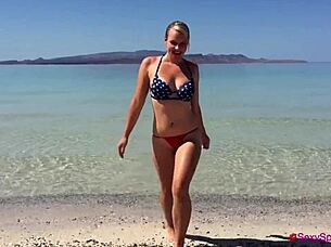 Boyfriend covers tits with cum after bikini blowjob on beach