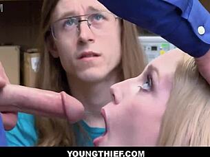 skinny teen shoplifter emma starletto gets fucked by guard while boyfriend watches, blowjob and all