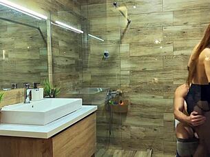 redhead cheats in bathroom with ripped clothes