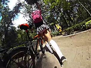 Ladyboy exposes in miniskirt upskirt.