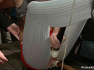 The Redhead and Blonde Subs Get Banged Publicly in Bondage