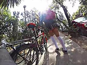 Ladyboy exposes in miniskirt upskirt.