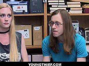 skinny teen shoplifter emma starletto gets fucked by guard while boyfriend watches, blowjob and all