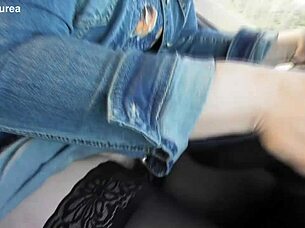 hairy mature woman feels exposed flashing pussy in car outdoors