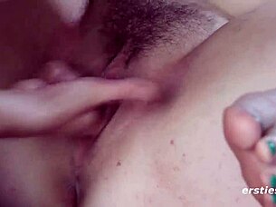 German lesbians finger big bush outdoors.