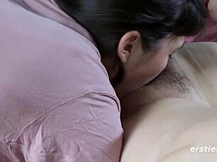 German lesbians finger big bush outdoors.