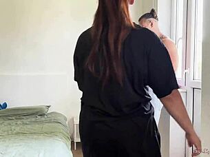 Busty hottie sucks cock and gets cum on face!