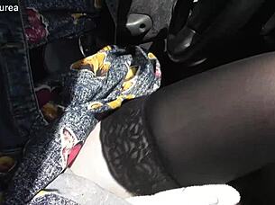 hairy mature woman feels exposed flashing pussy in car outdoors